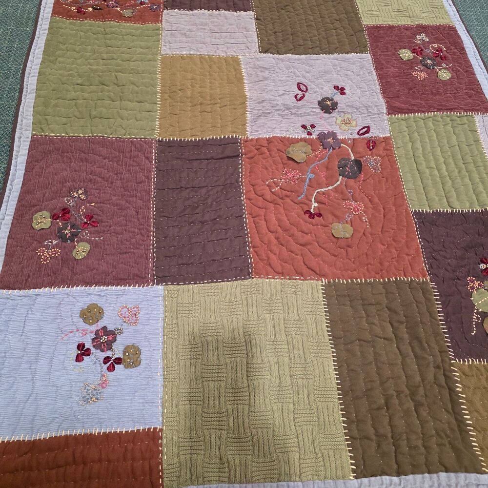 Multicolor Blanket Patchwork Quilted Embellished Kantha Style India Made 60"x48"